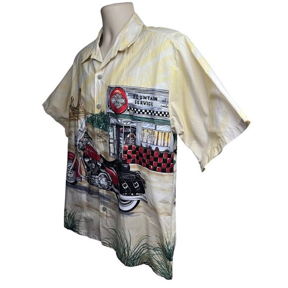 Harley Davidson Vintage Yellow Motorcycle Big Print Button Up Camp Shirt Large - Picture 3 of 10